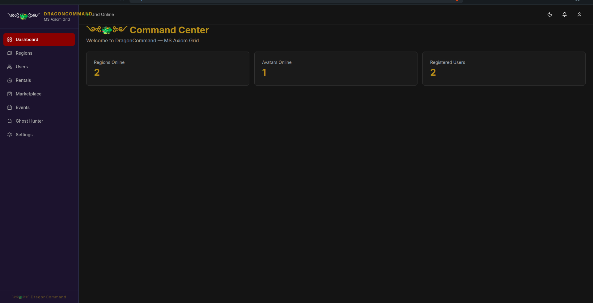 DragonCommand admin Command Center dashboard showing regions online, avatars online, and registered users