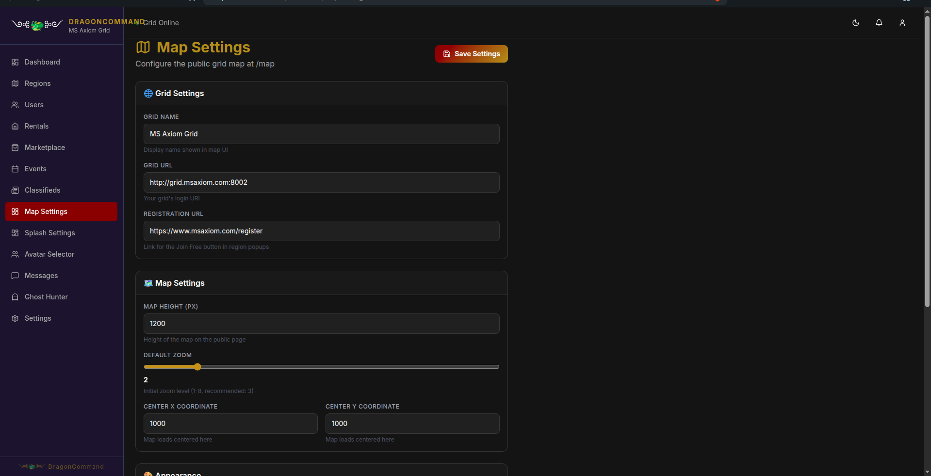 DragonCommand map settings page configuring the public grid map's URL, height, zoom, and center coordinates