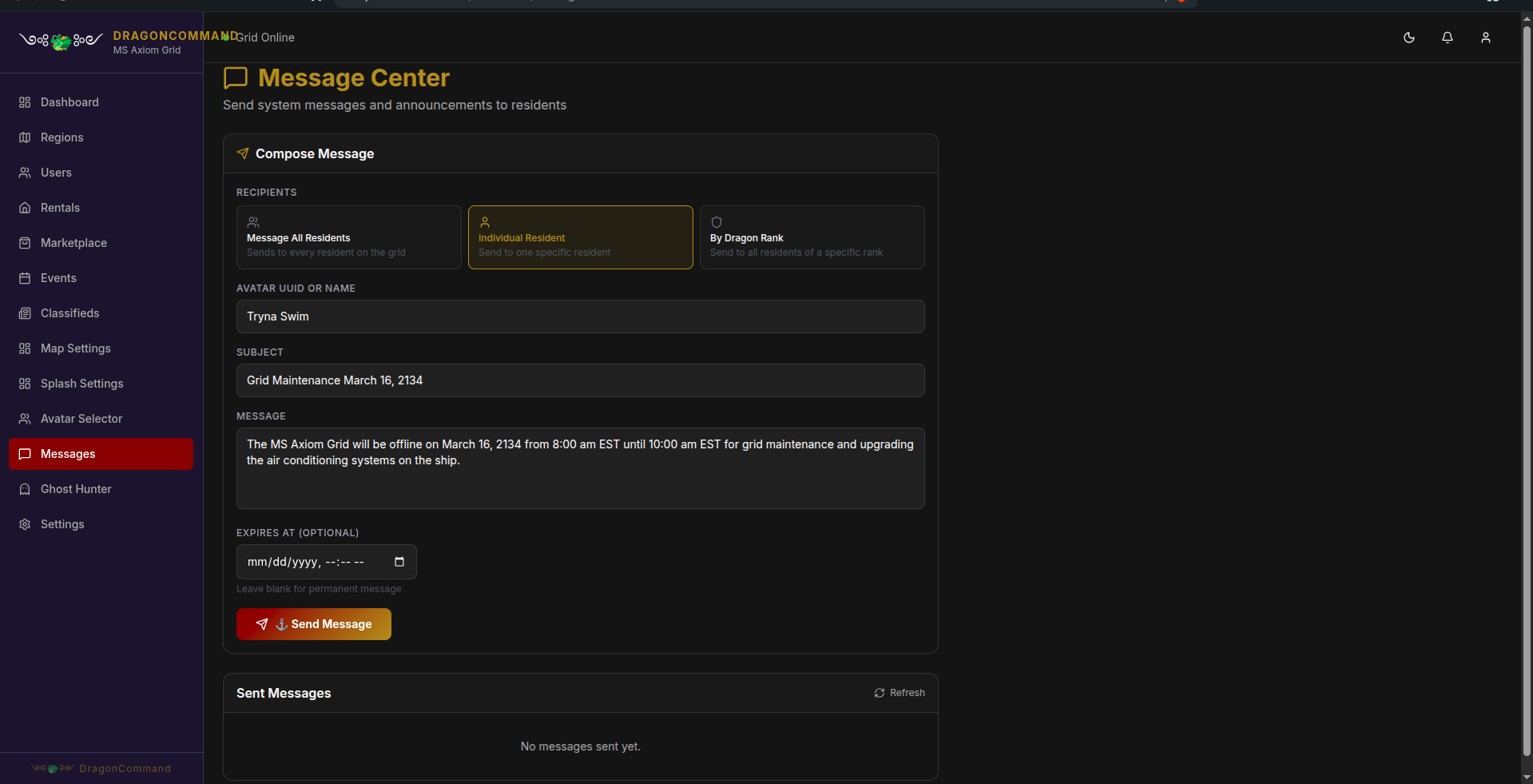 DragonCommand admin message composer with recipient targeting by all residents, individual resident, or Dragon Rank