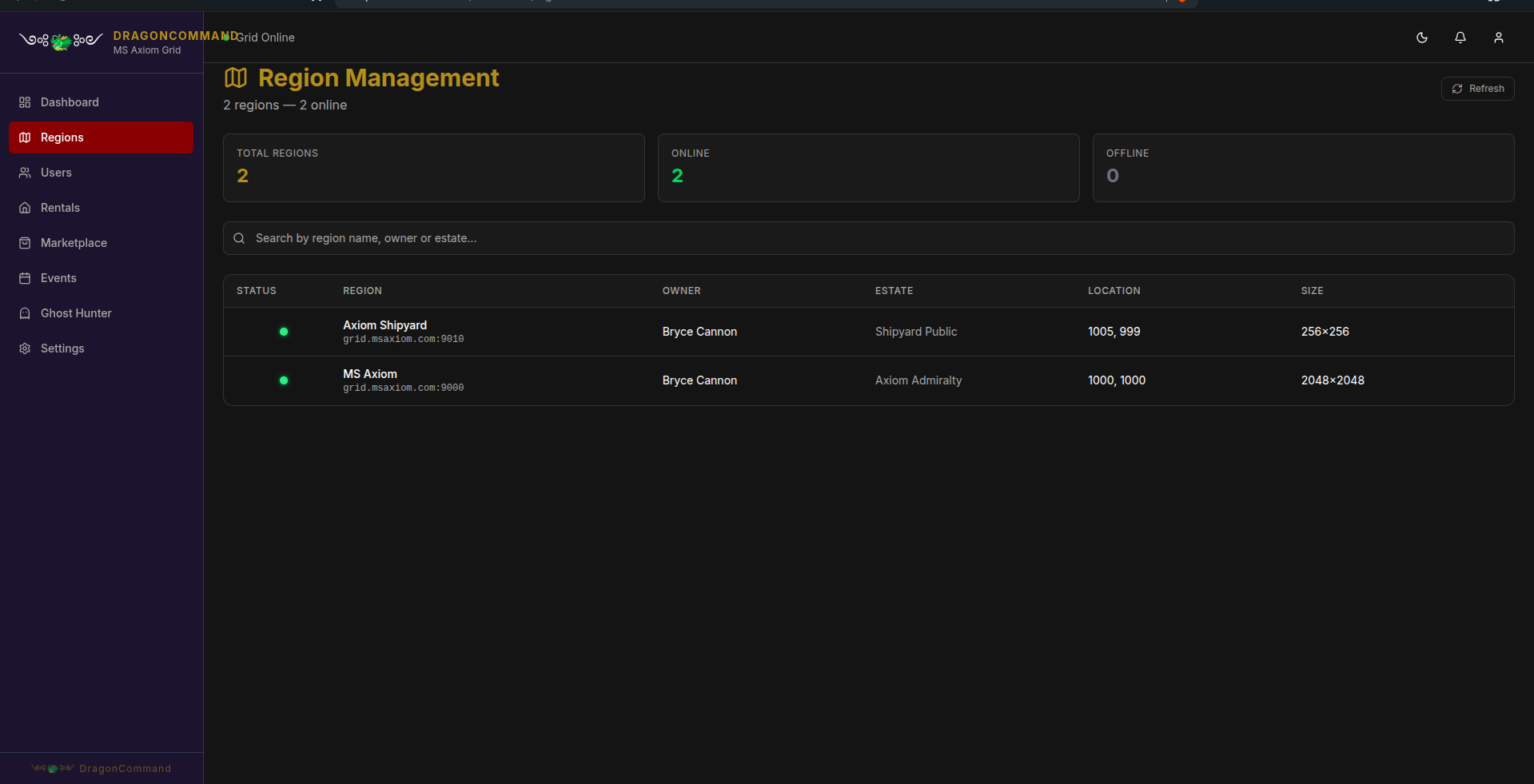 DragonCommand admin region management page showing all grid regions with owner, estate, location, and size