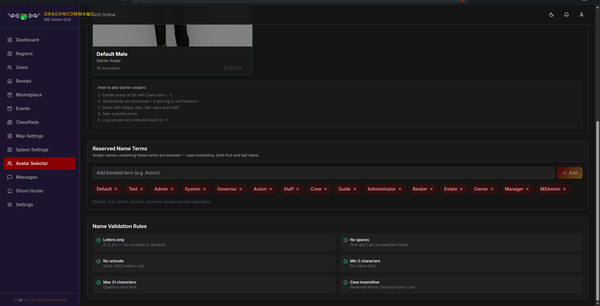 DragonCommand reserved name terms admin page showing blocked avatar name terms and name validation rules