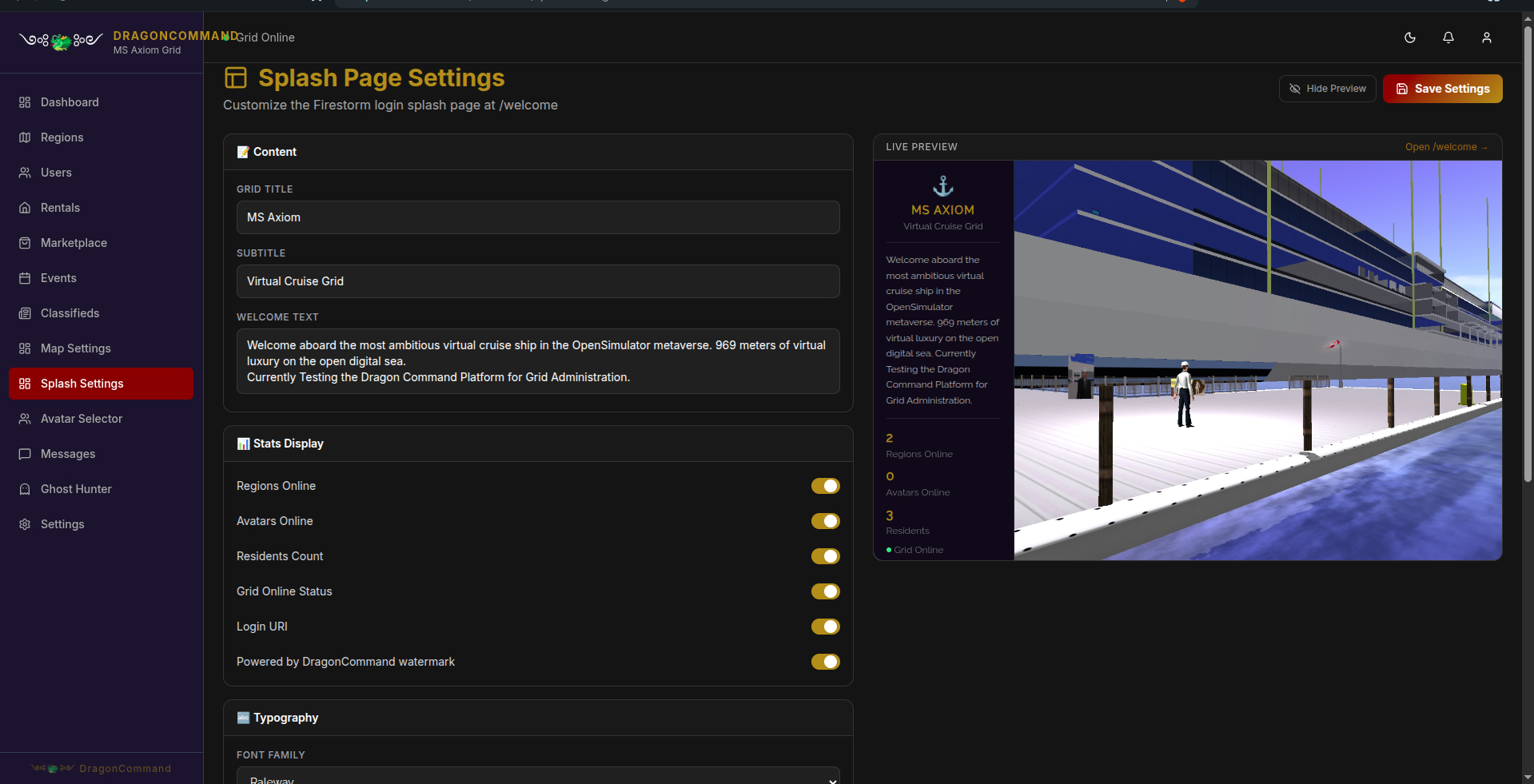 DragonCommand splash page settings with live preview of the grid's Firestorm login splash screen