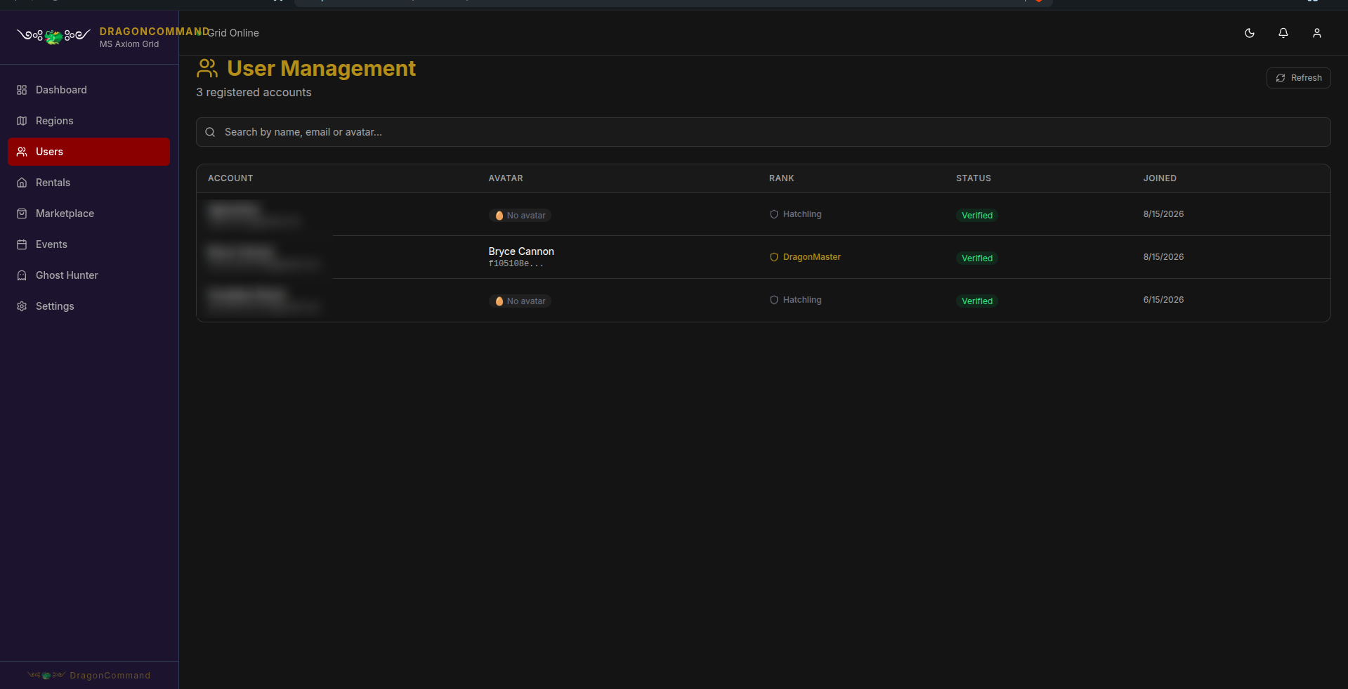 DragonCommand user management page listing registered accounts with rank, verification status, and join date