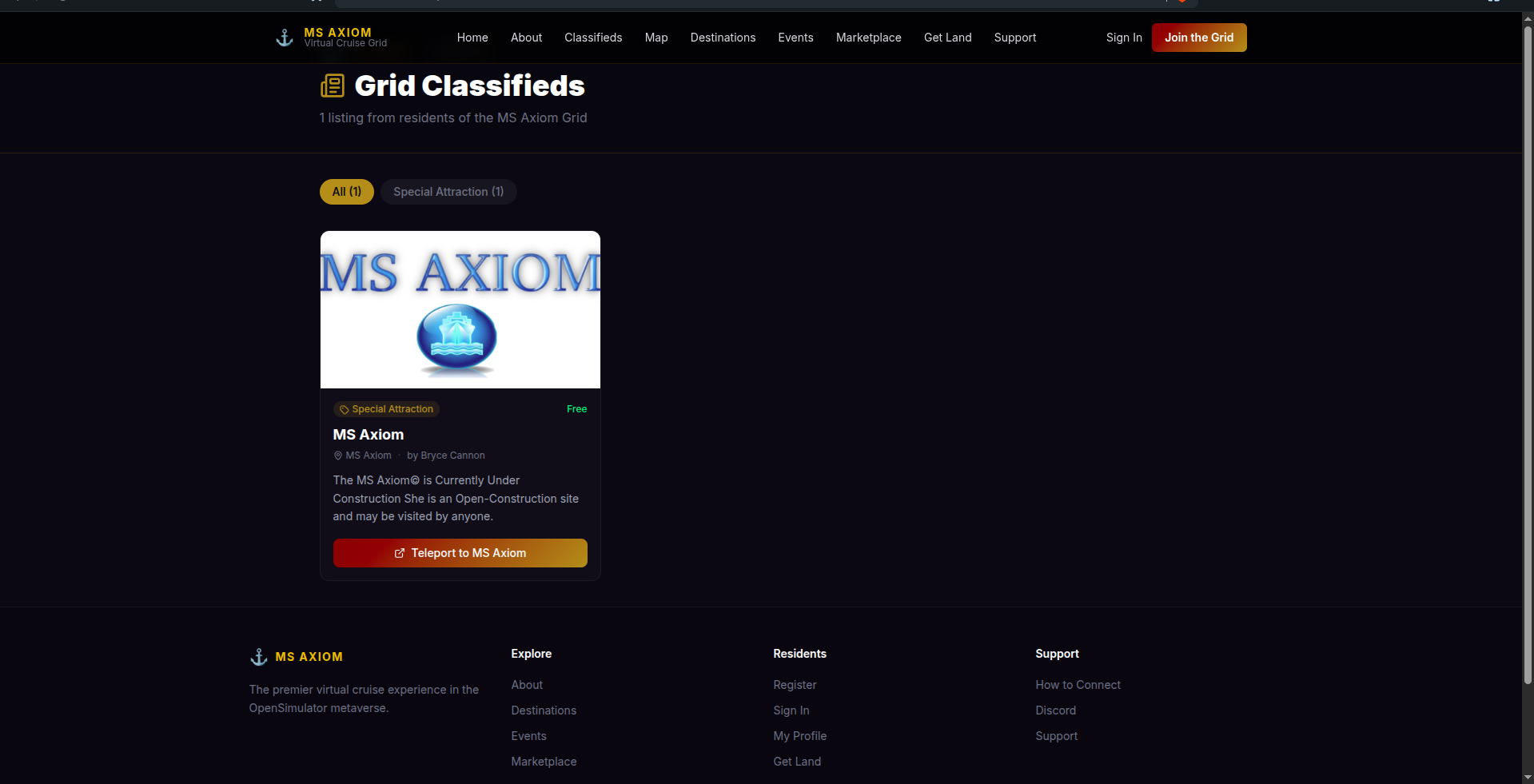 DragonCommand grid classifieds page showing an MS Axiom listing with a Teleport button