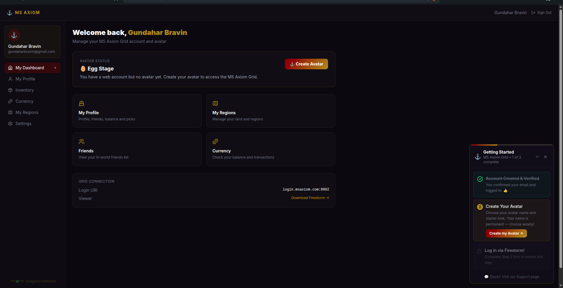 DragonCommand dashboard showing the Getting Started onboarding widget guiding a new resident through avatar creation