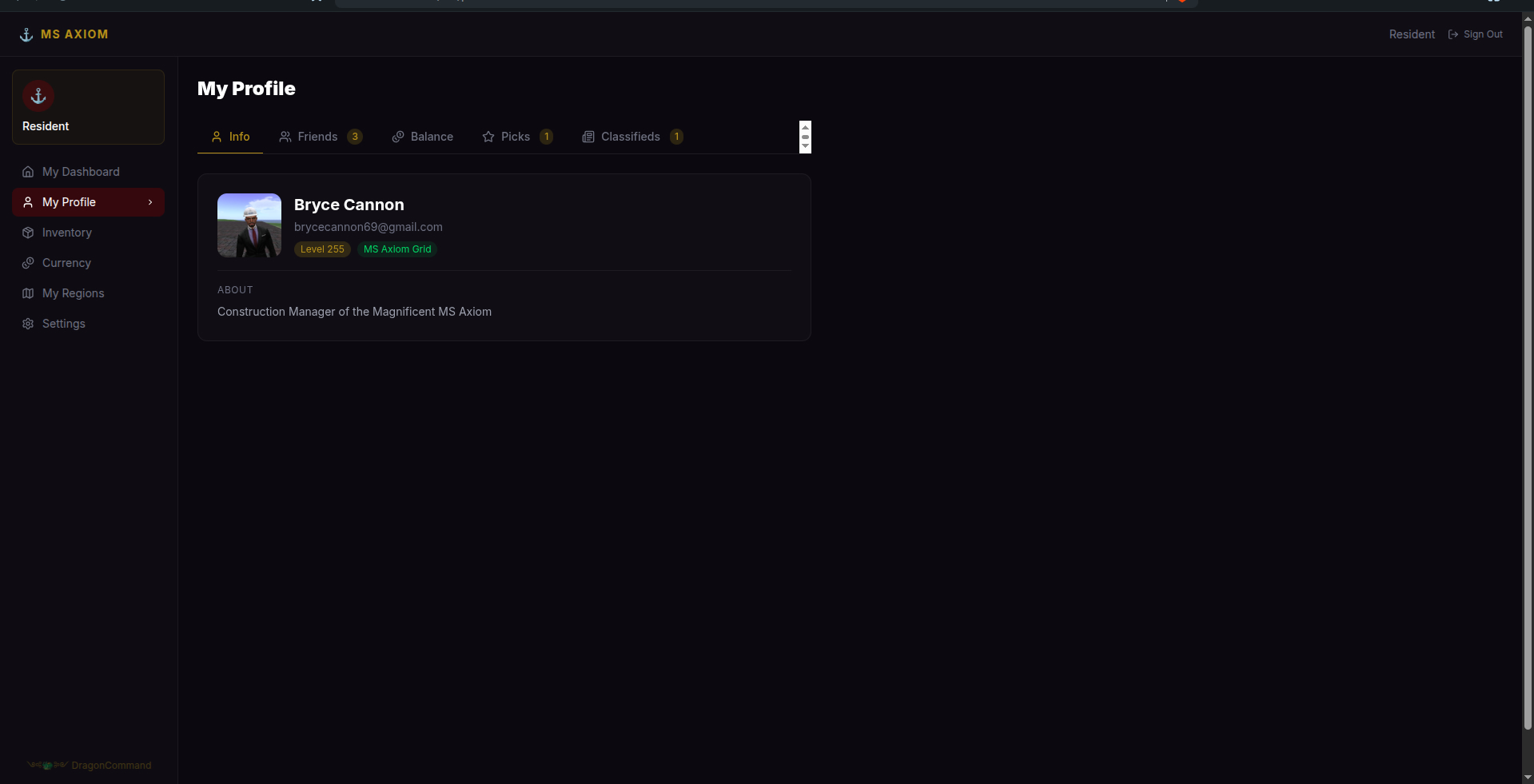 DragonCommand resident profile page showing avatar info, level, and about text