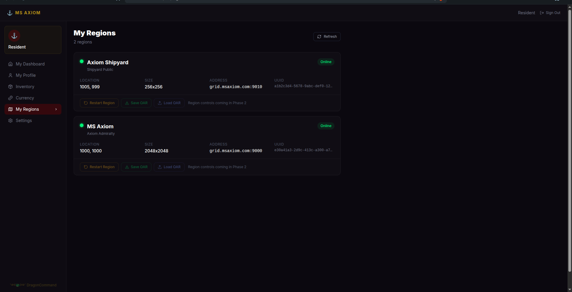 DragonCommand region management page showing two online regions with restart, save OAR, and load OAR controls